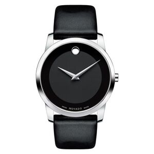 Movado Museum Dial silver tone case on Black Leather strap 40mm